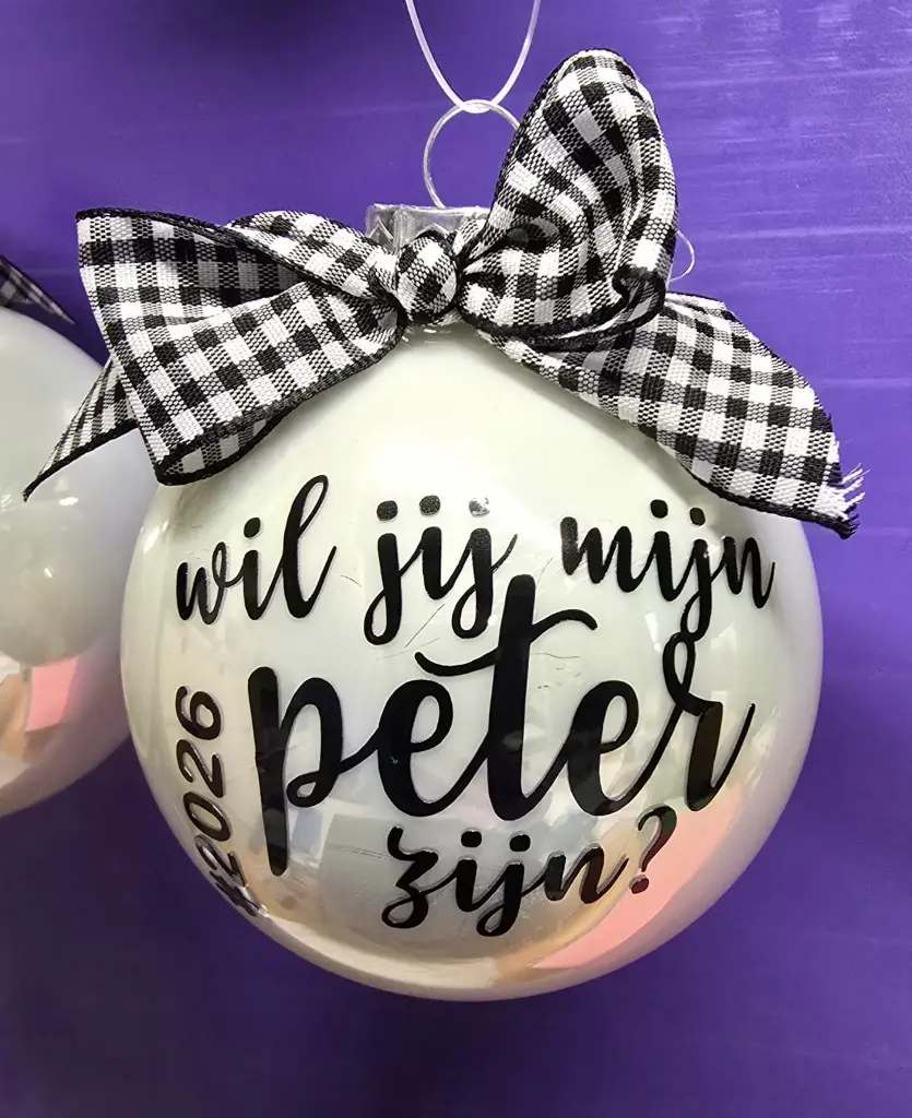 Kerstbal 8cm wit glanzend - Wil jij mijn peter zijn?